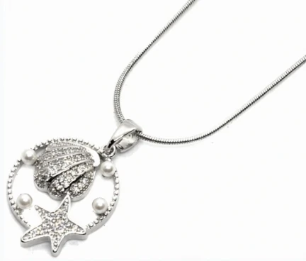 Cadena de acero quirurgico con dije ostra y estrella con perlas 40cm + 5cm